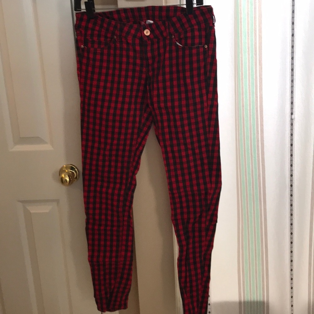 H&M red and black gingham skinny jeans